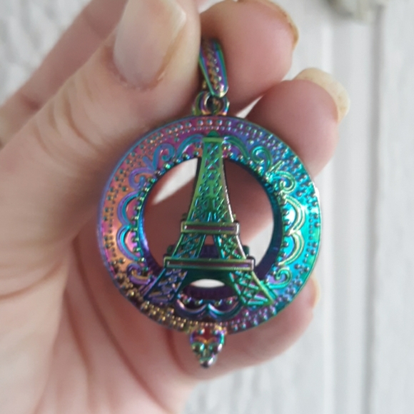 New Carved Rainbow Hematite Eiffel Tower Open Pendant. - Picture 1 of 6